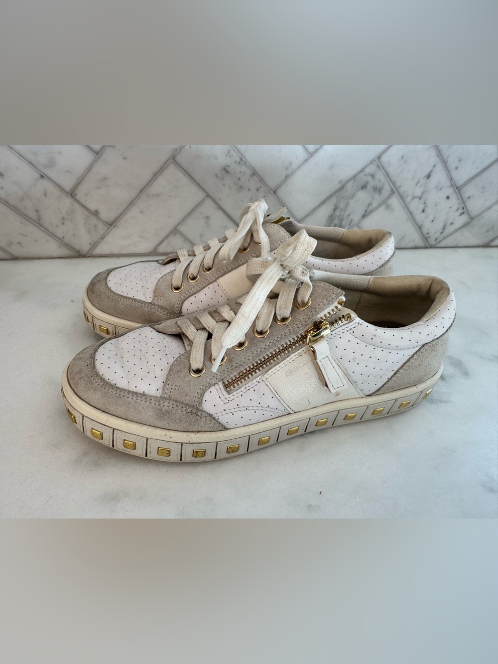 Geox White and Taupe Low-Top Breathable Sneakers Size 8